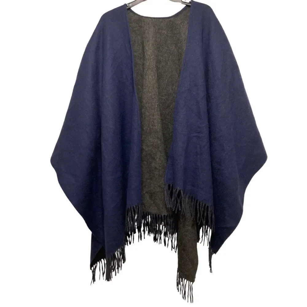 EUC Rag & Bone Double-Faced Fringed Edge Shawl Wrap in NAVY / GRAY